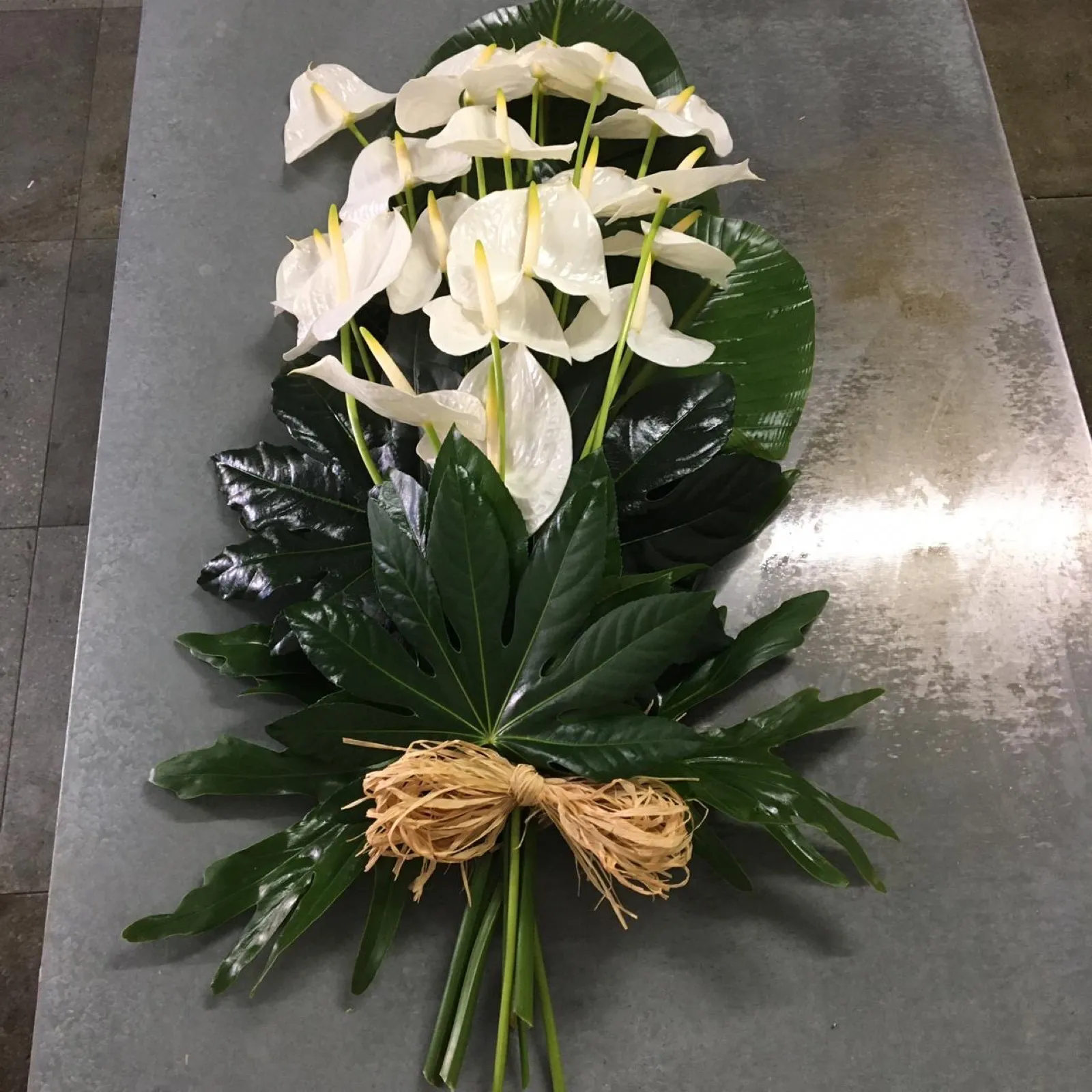 Hand-tied sheath of white anthuriums on large dark leaves with a raffia bow