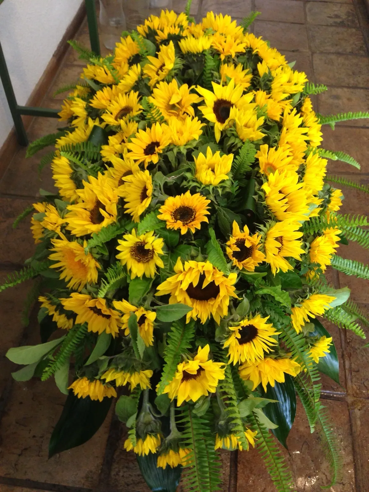 Casket spray made entirely of sunflowers with ferns and dark green leaves